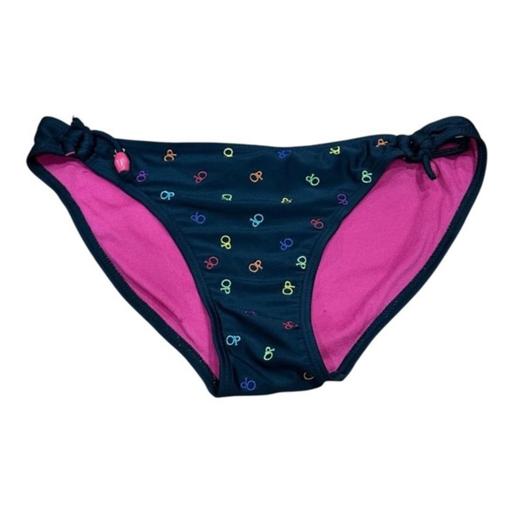 OP Ocean Pacific Bikini Bottoms Womens Small Black Pink Side Tie Allover Logo